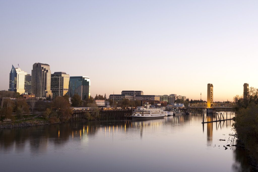 Sacramento sunset showing Tower Bridge and Sacramento River